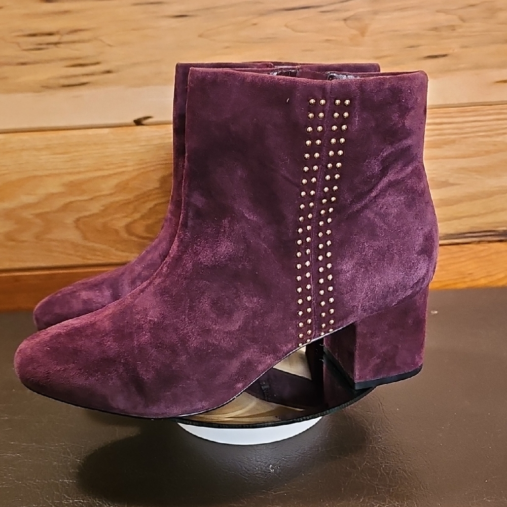 White House Black Market Burgundy Purple Cabernet Ankle Boots with Gold Studs